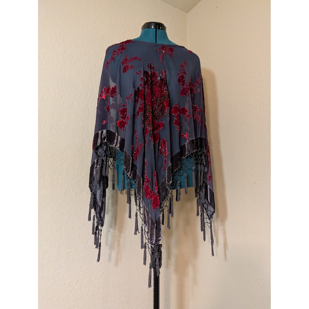 Jayley Silk Burnout Velvet Floral Poncho Cape Beaded Fringe Tassels Gray Red OS